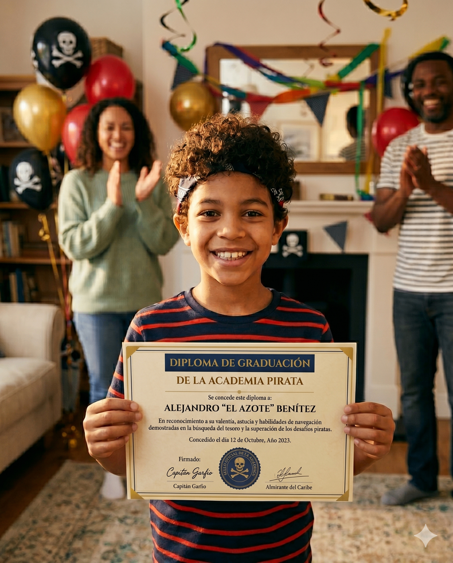 Niño mostrando el diploma del kit pirata tras completar la aventura