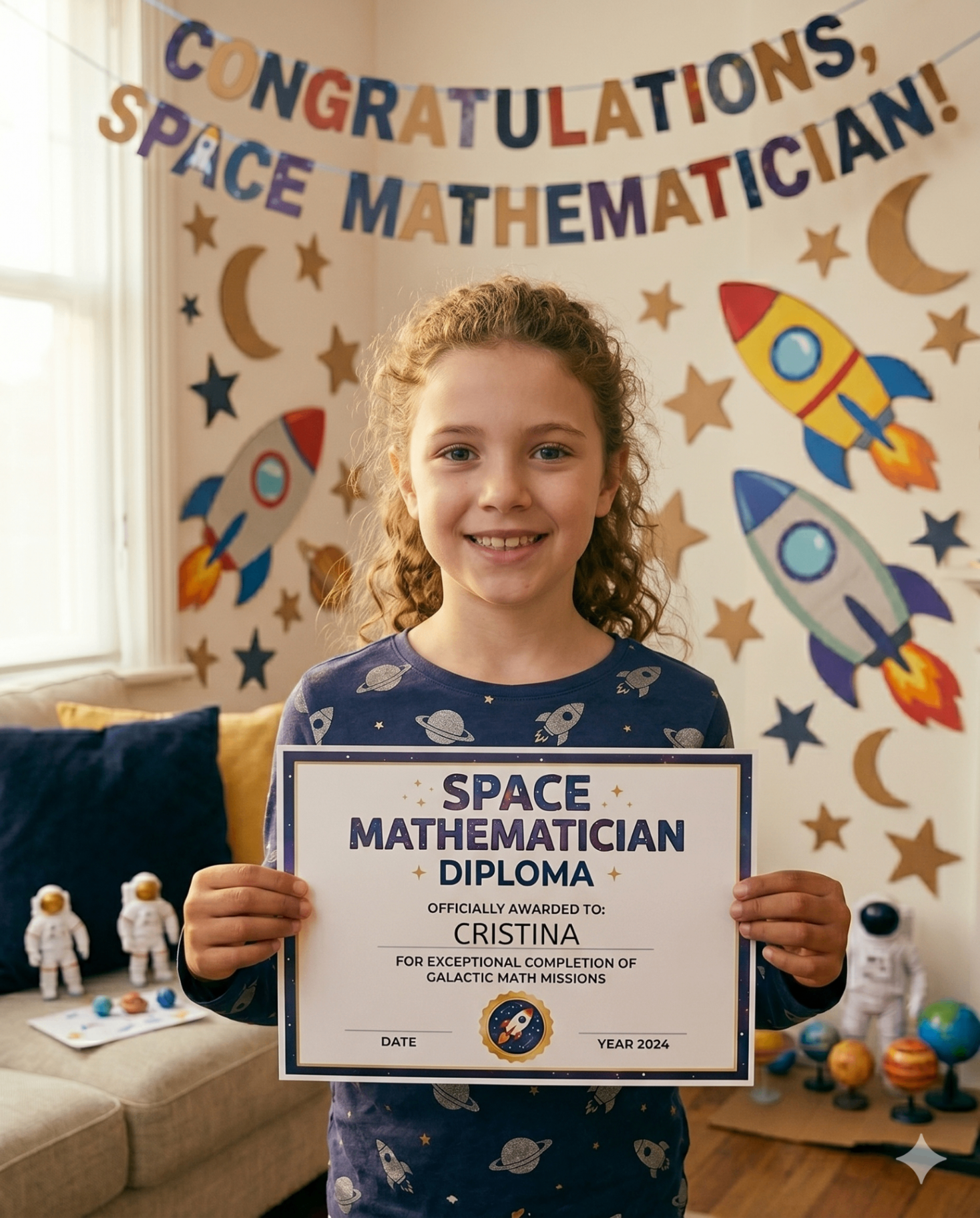 Niña mostrando el diploma de Space Mathematician tras completar el kit