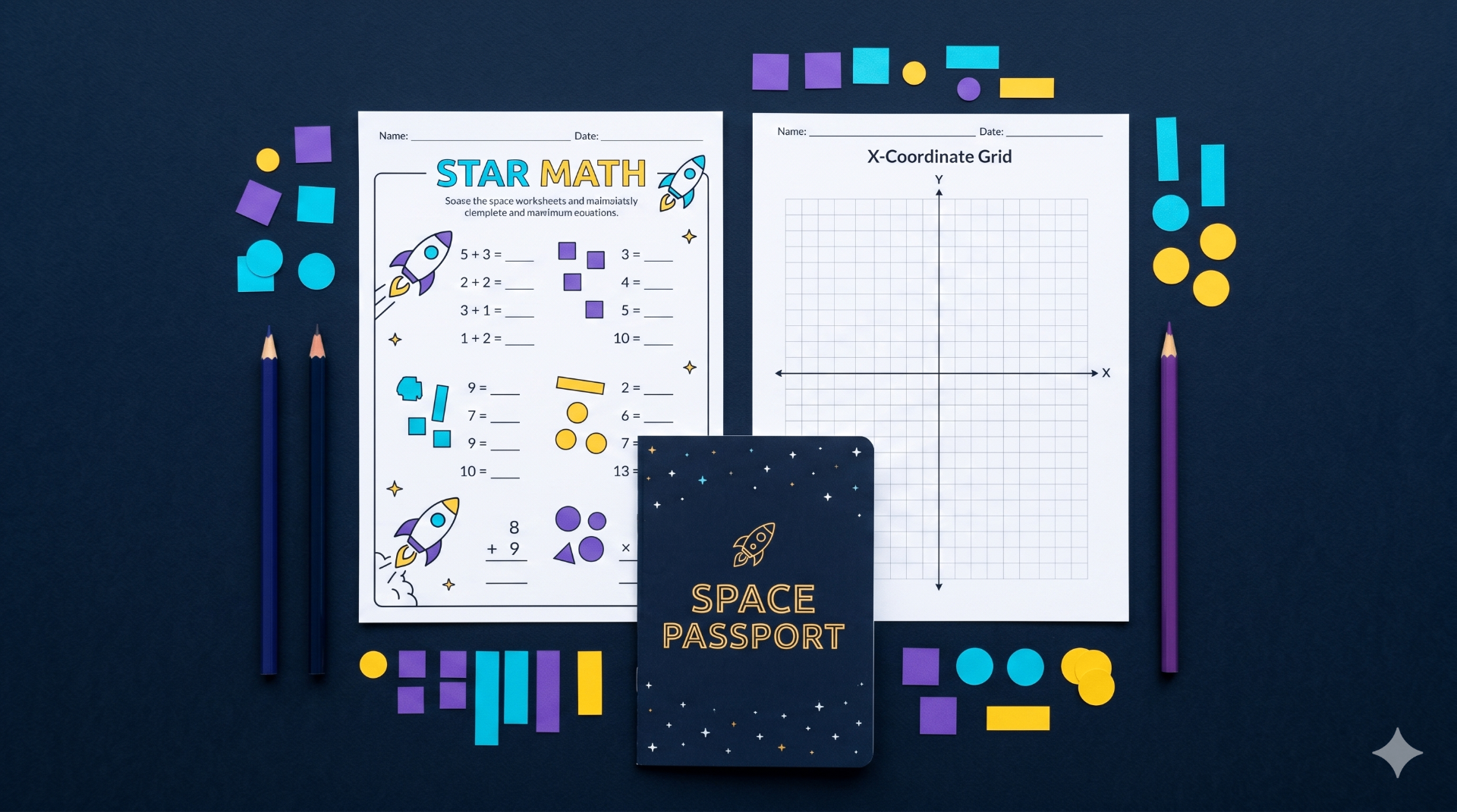 Vista cenital del kit del espacio con fichas Star Math, cuadrícula y pasaporte espacial