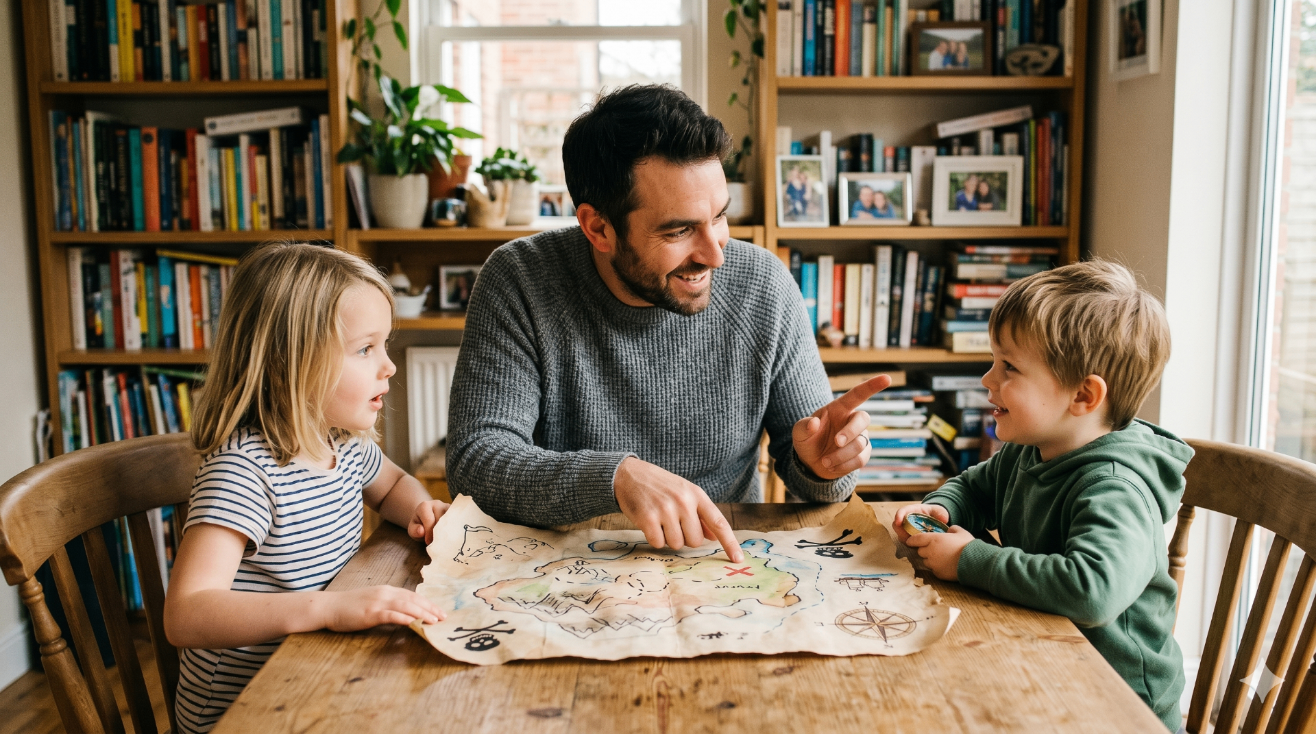 Padre jugando con dos niños alrededor del mapa del kit pirata