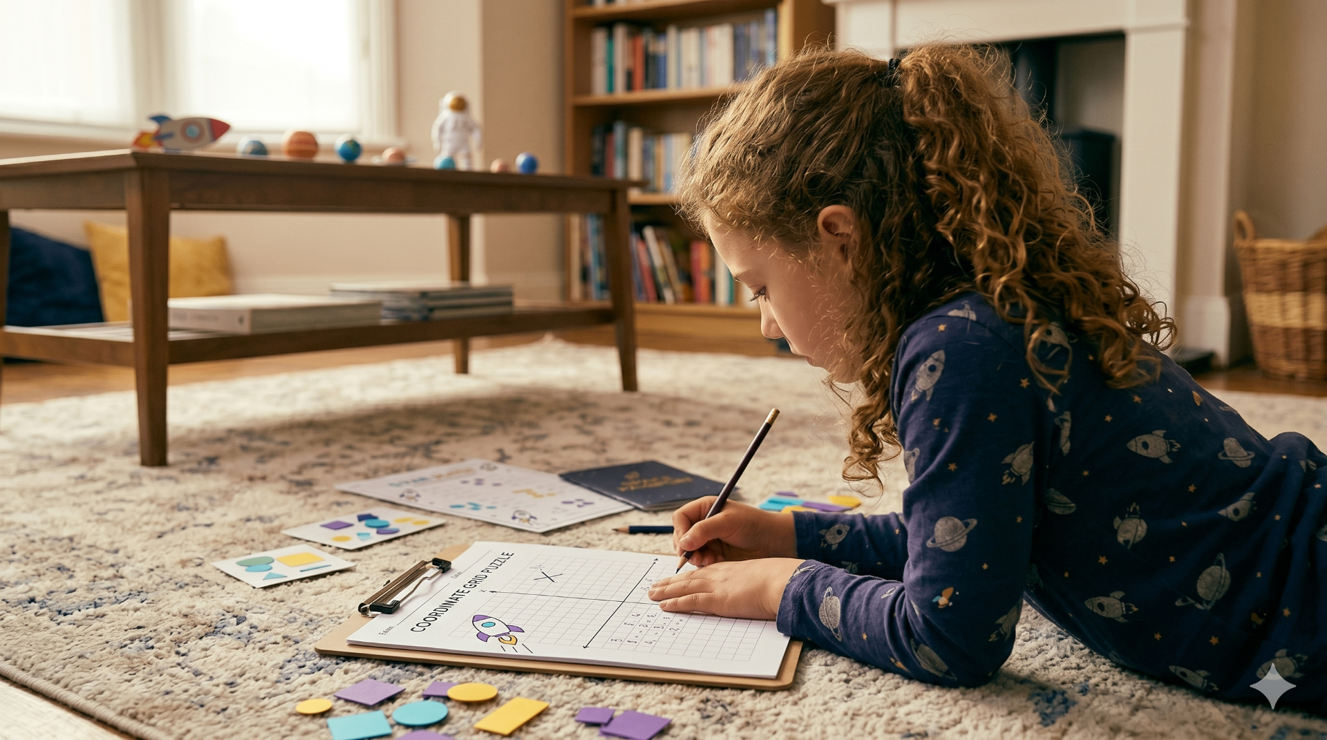 Niña resolviendo el puzzle de coordenadas del kit del espacio sobre la alfombra