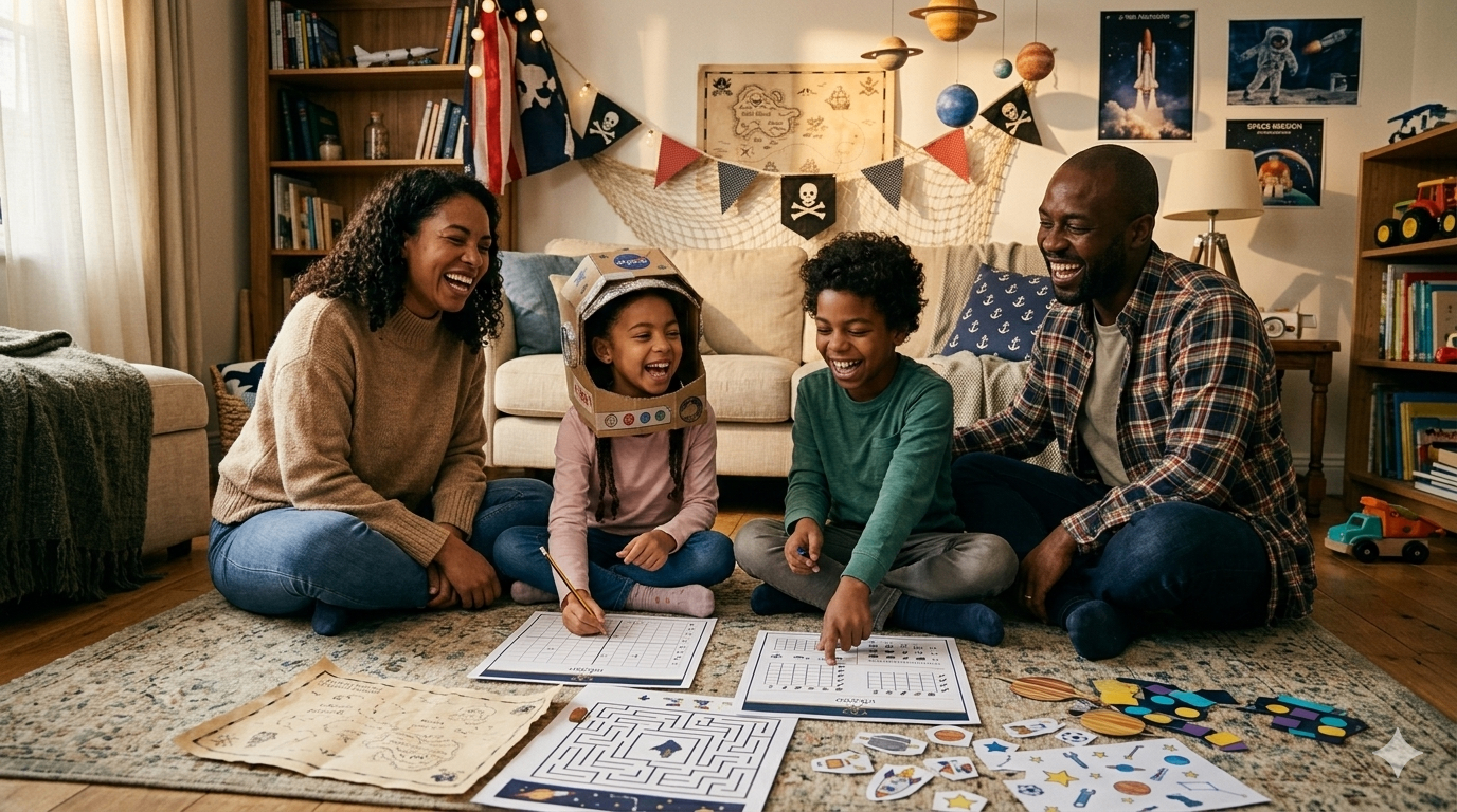 Familia jugando junta con el pack de Piratas y Espacio en el salón de casa