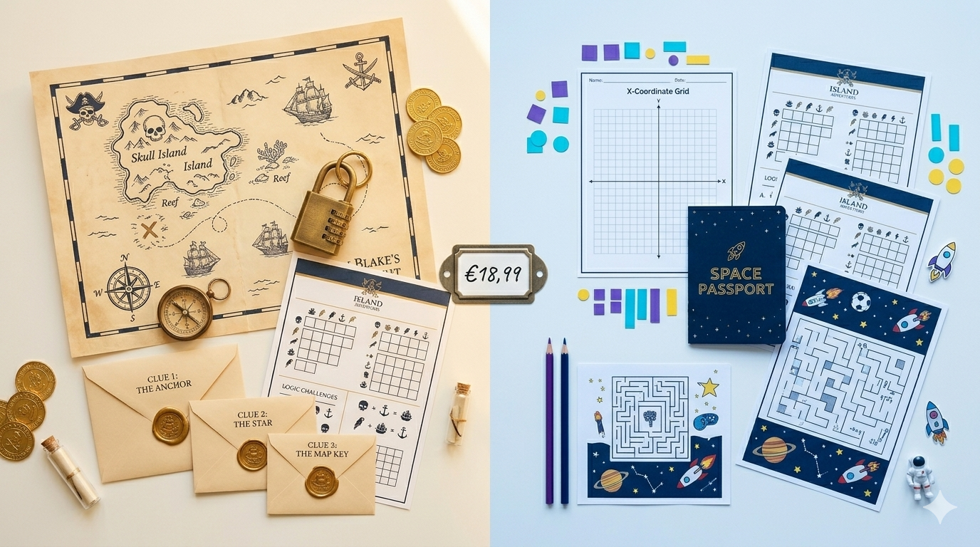 Vista cenital del pack con los dos kits impresos, materiales y precio del bundle