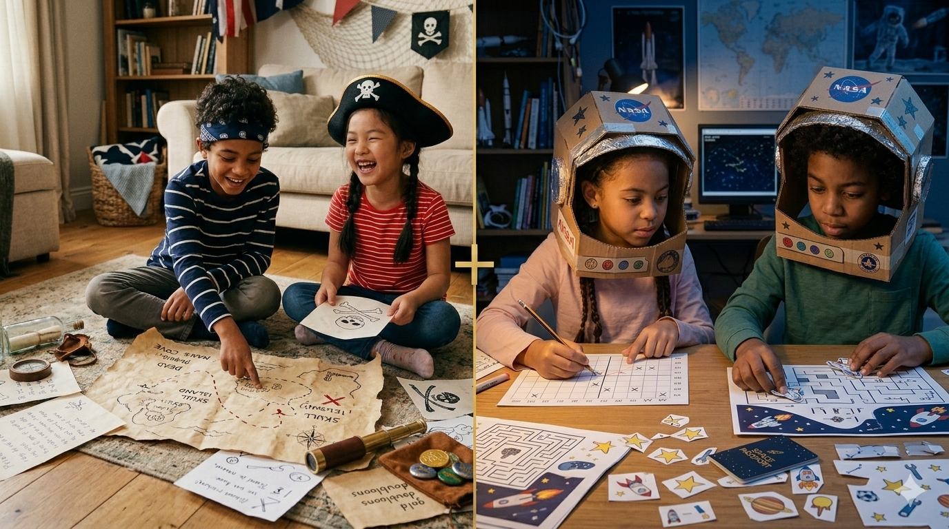 Niños jugando con los dos kits, Piratas y Espacio, en una misma tarde de aventura