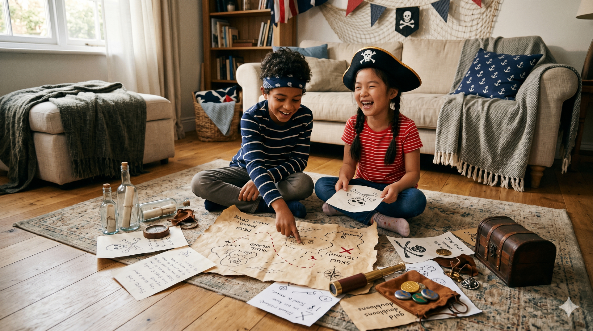 Niños jugando al kit pirata en casa rodeados de mapa, pistas y tesoro